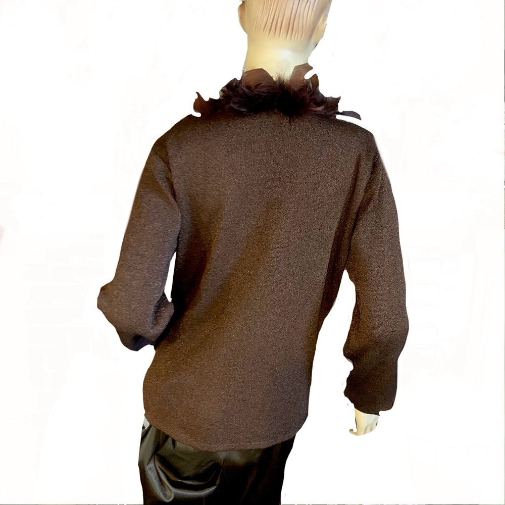 VINTAGE Y2K DRESSBARN BROWN W/METALLIC THREAD CARDIGAN W/FAUX FEATHER COLLAR (M) - Picture 5 of 14
